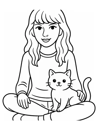 Easy coloring page of Taylor Swift sitting with a cat, large areas to color for preschoolers.