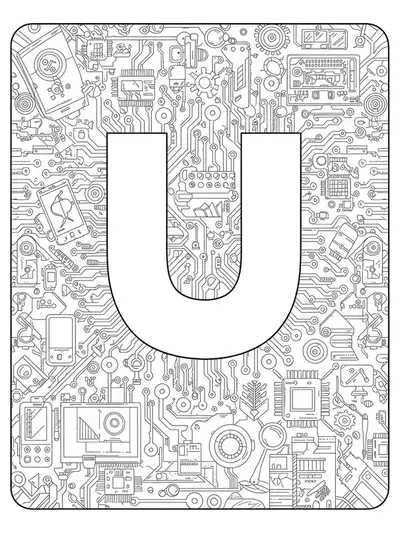 Letter U encircled by circuit board patterns, digital icons, and tech gadgets, designed for teens.