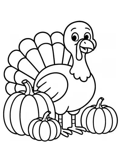 A simple line art drawing of a turkey with pumpkins, easy shapes and clear outlines for children to color.