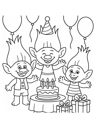 Trolls at a birthday party with balloons, cake, and presents, easy outlines and large spaces