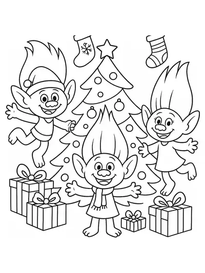Easy Christmas coloring page featuring trolls, a decorated tree, stockings, and presents.