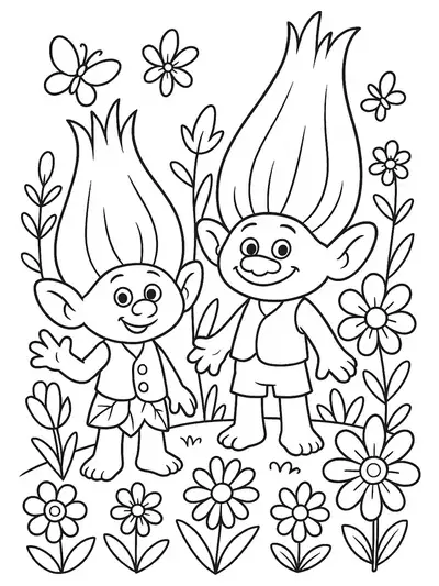 Easy spring garden coloring page with trolls, flowers, and butterflies.
