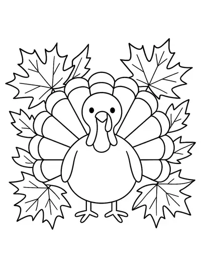 Easy outline drawing of a turkey with big leaves around it, symbolizing autumn.