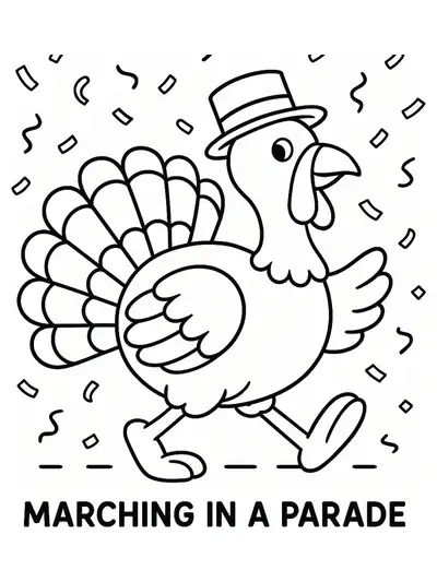 Outline of a turkey marching in a simple parade with confetti shapes.