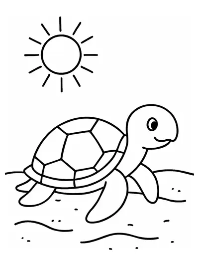Easy coloring page of a turtle on the beach with a sun, for preschool children