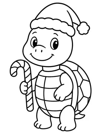 A happy turtle wearing a Santa hat and holding a candy cane for a Christmas coloring page.