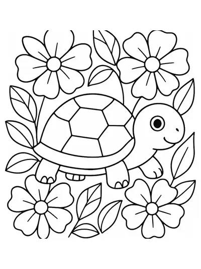 Turtle in a garden with large flowers, easy coloring for preschoolers