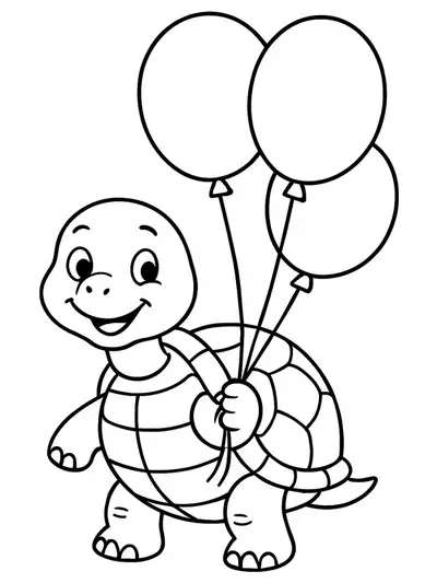 Simple turtle holding big balloons, easy for preschoolers to color