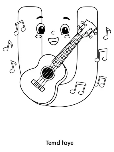 Large letter U and ukulele coloring page with music notes for children.