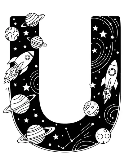 Letter U surrounded by detailed planets, rockets, stars, and galaxy patterns for coloring.