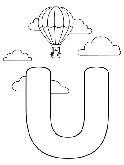 Coloring page with letter U, a hot air balloon, and clouds for preschool children.