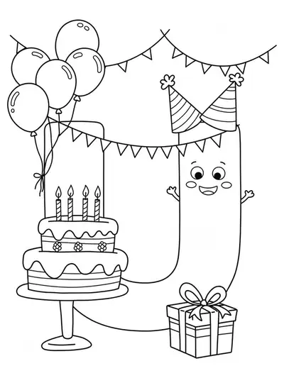 Printable birthday-themed coloring page with letter U, cake, balloons, and party hats for kids.