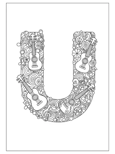 Detailed ukuleles, musical notes, and sound patterns around a large letter U for coloring.