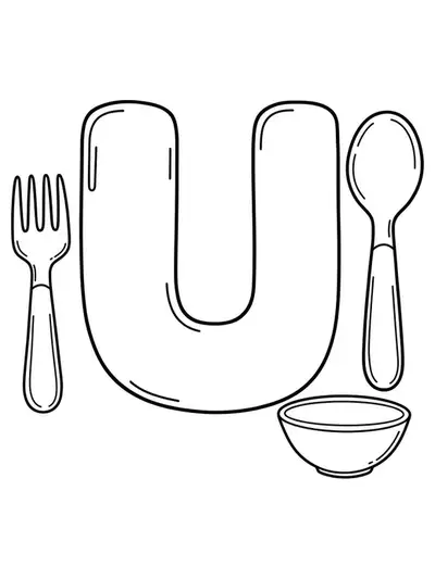 Letter U coloring page with spoon, fork, and bowl for preschoolers.