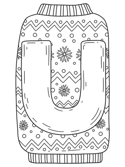 Letter U coloring page in an ugly sweater with detailed holiday designs for preschool children