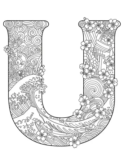 Letter U decorated with Japanese waves, cherry blossoms, and Ukiyo-e inspired motifs.