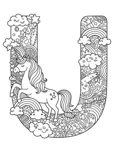 Detailed unicorn, clouds, and fantasy elements around an ornate letter U for coloring.