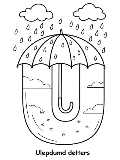 Printable coloring page of a letter U and an umbrella with raindrops and clouds for preschoolers.