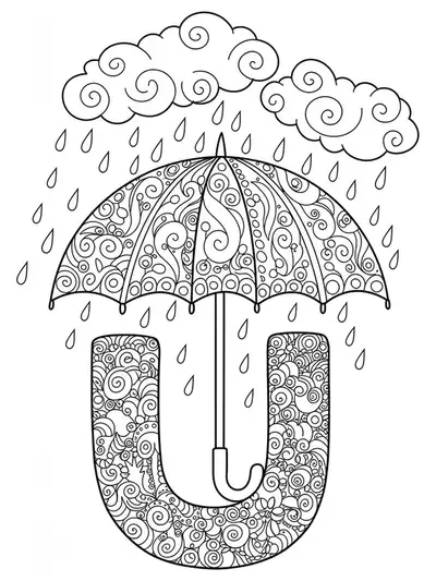 Letter U coloring page with a detailed umbrella, raindrops, and clouds for preschool children