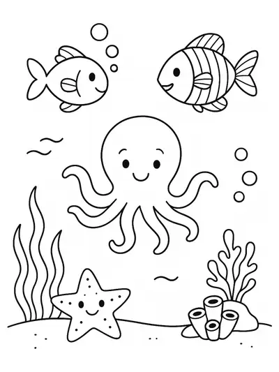 Simple ocean scene with fish, starfish, and octopus, easy coloring page for kids