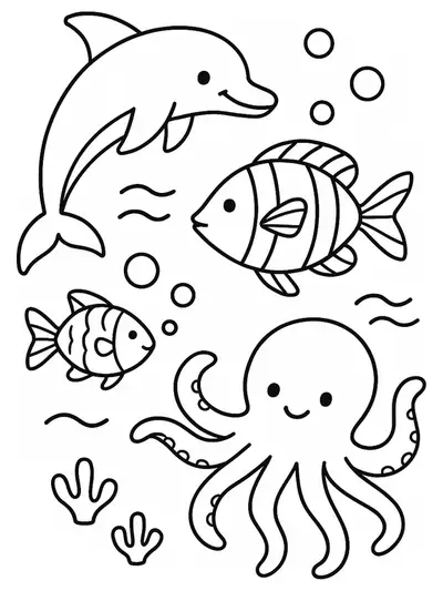Simple coloring page of ocean animals including a dolphin, fish, and octopus, with bold outlines.