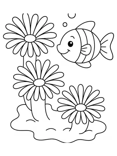 Line art of large ocean flowers and a fish for preschool coloring.