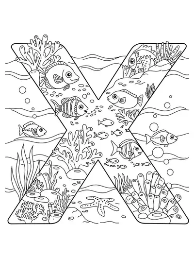 Letter X underwater with detailed fish, coral, and sea plants for coloring