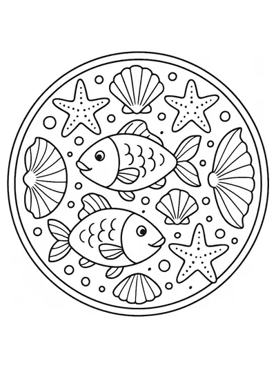 Mandala with large fish, seashells, and starfish for preschool coloring