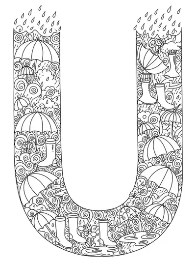 Detailed umbrellas, raindrops, and boots surrounding a large letter U for coloring.