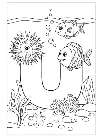 Printable coloring page with a large letter U, sea urchin, fish, and underwater plants for kids.