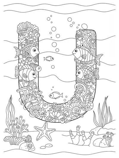Complex underwater themed letter U coloring page with fish, starfish, and seaweed for preschoolers