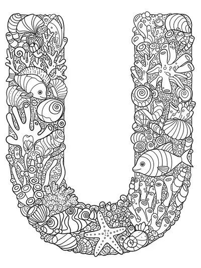 Intricate letter U surrounded by sea animals, fish, and detailed coral patterns for coloring.