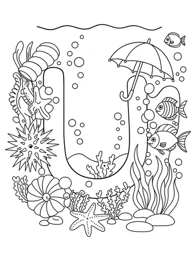 Letter U surrounded by ocean animals, seaweed, urchins, and an underwater scene for coloring.