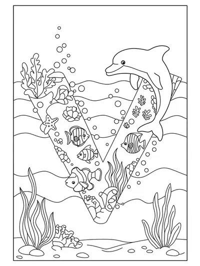 Black and white outline of the letter V with fish, dolphin, seaweed, and bubbles, medium detail for elementary kids.