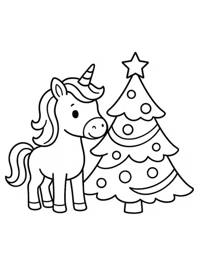 Unicorn next to a decorated Christmas tree, simple easy coloring page for preschool kids