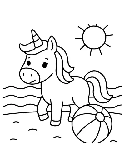 Easy unicorn coloring page with a beach ball, sun, and waves.