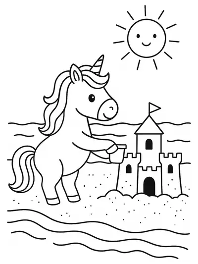A unicorn with a beach ball and sandcastle, under a sun, easy coloring outlines.