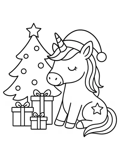A unicorn in a Santa hat with gifts and Christmas tree, easy outlines for kids.