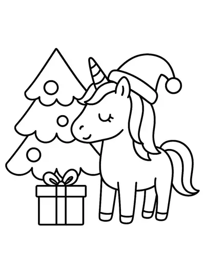 Easy unicorn coloring page with a Santa hat, Christmas tree, and big present.