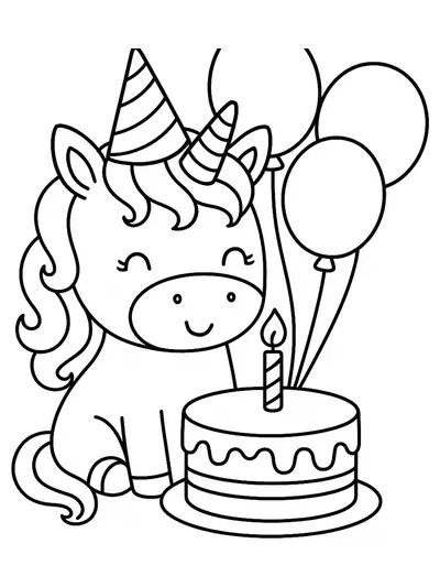 A unicorn wearing a party hat next to a birthday cake and balloons, designed with simple outlines for easy coloring.