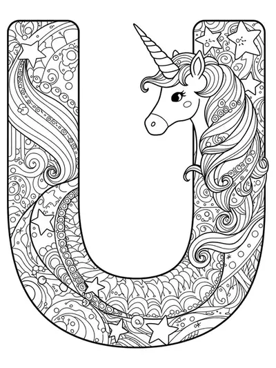 Intricate letter U coloring page with a unicorn and detailed stars, swirls, and patterns for preschoolers
