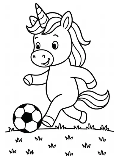 Unicorn kicking a soccer ball, simple sports coloring page for preschool children