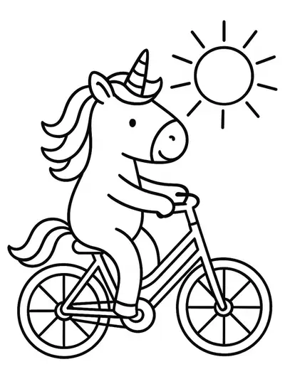 Easy unicorn coloring page with a unicorn riding a bike under the sun.
