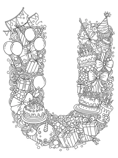 Letter U surrounded by detailed party decorations, balloons, cake, and confetti for coloring.
