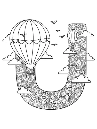 Letter U coloring page with a detailed hot air balloon, clouds, and birds for preschool children