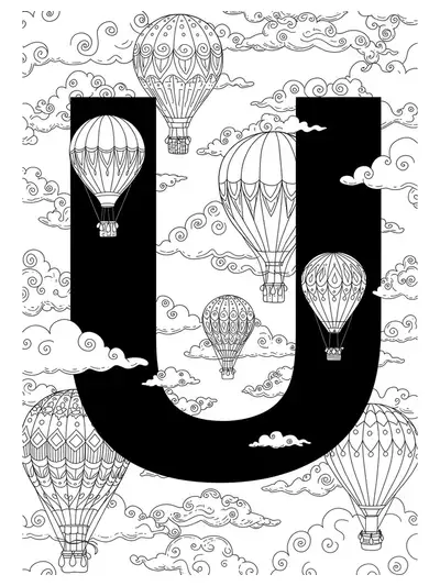 Intricate hot air balloons, clouds, and patterns around a large letter U for coloring.
