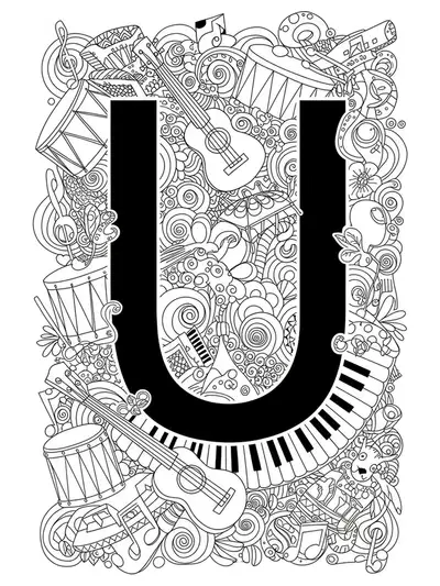 Letter U coloring page with intricate musical notes, ukuleles, and drums for preschool children