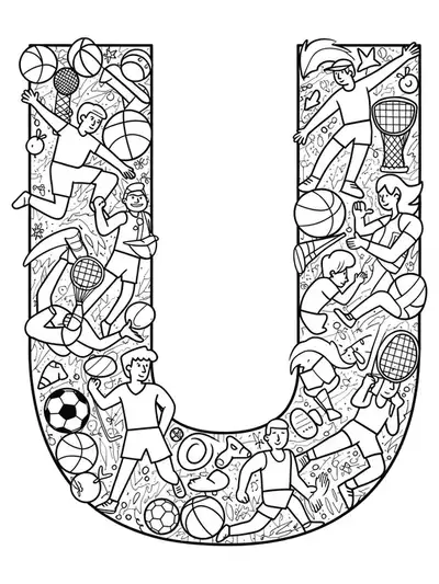 Letter U with detailed sports equipment, athletes, and action patterns for coloring.