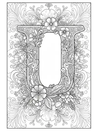 Letter U with surrounding uplifting quotes in stylish script and decorative floral borders.
