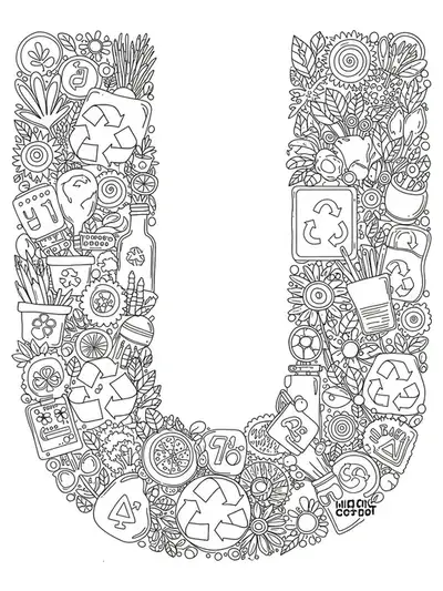Letter U with intricate recycling symbols, upcycled objects, and nature patterns for coloring.